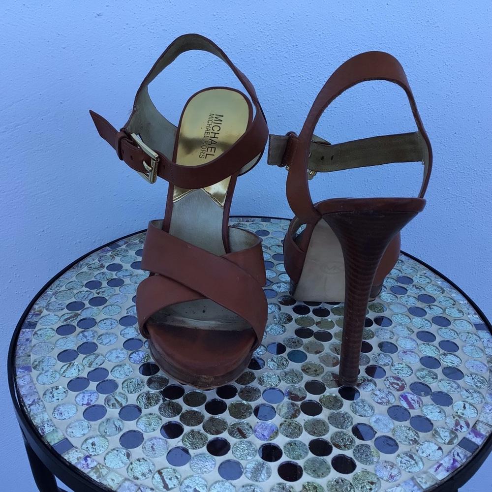 Michael Kors Women's Leather High Heeled Strappy Sandals with Signature Hardware - Picture 4 of 15